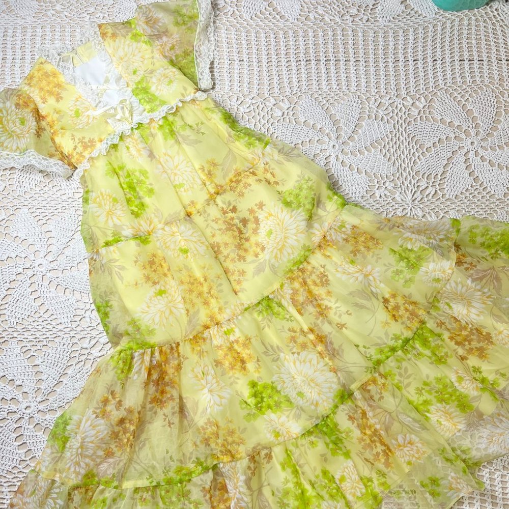 Vintage 1970s Sherry Blue Girls 7-8 Yellow Boho Floral Sheer Long Maxi Dress